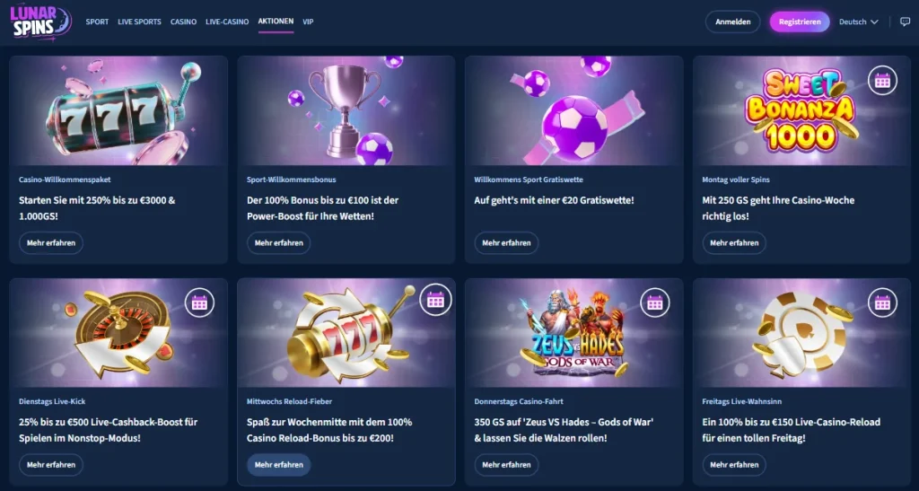 Lunar Spins Bonusbereich mit Casino- und Sportboni