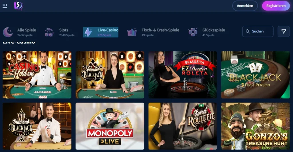 Live-Casino-Bereich mit Roulette- und Blackjack-Spielen