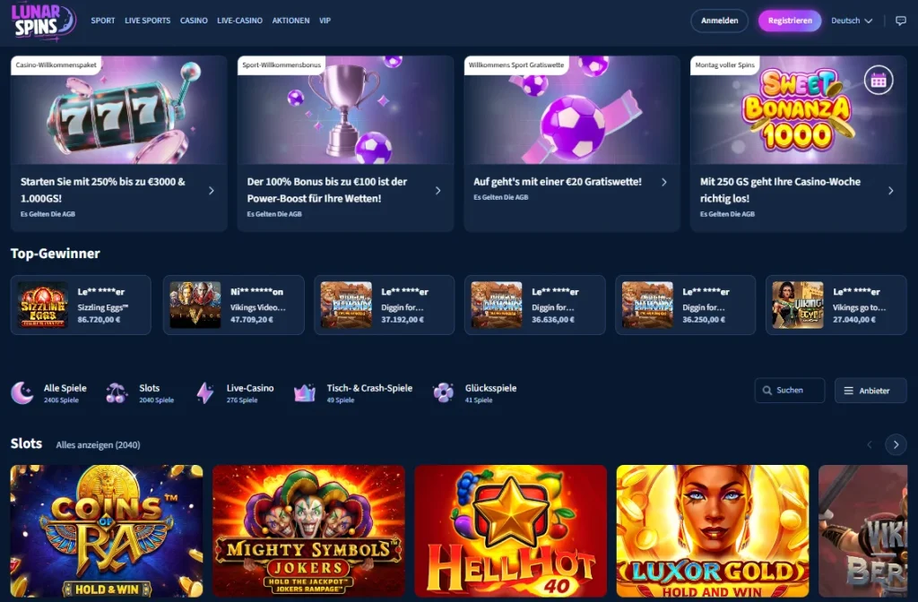 Hauptseite der Lunar Spins-Website in deutscher Sprache