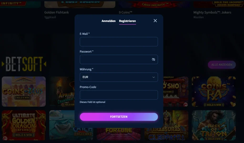 Lunar Spins Casino Registrierungsformular für die deutsche Region