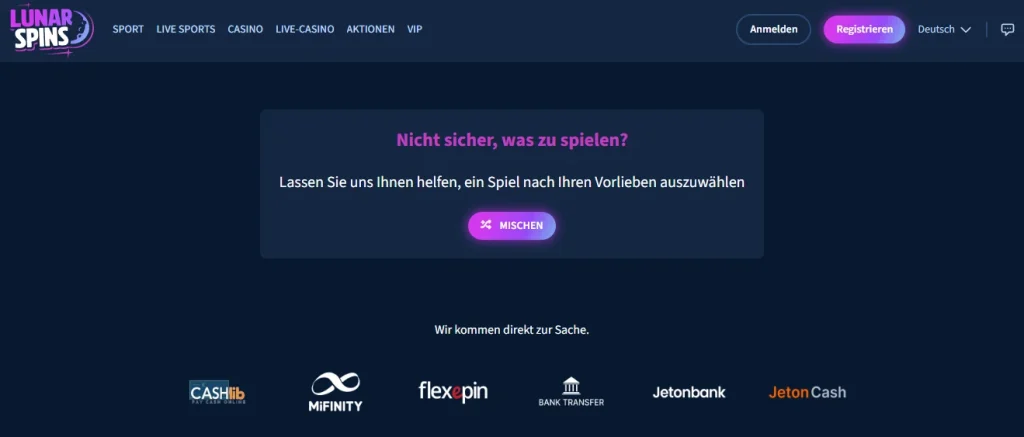 Abschnitt mit Zahlungsmethoden bei Lunarspins