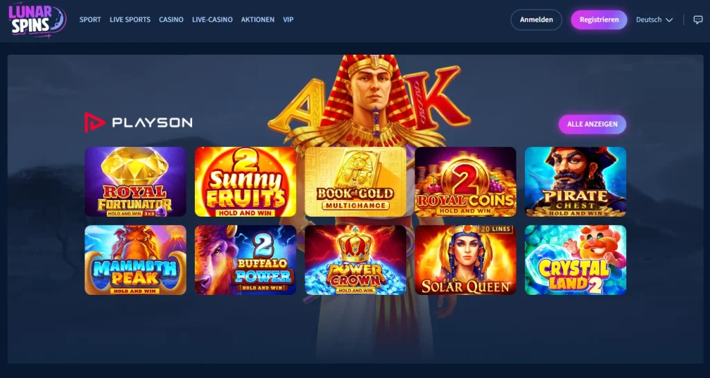 Beispiel für die Spielauswahl vom Playson-Anbieter bei Lunar Spins