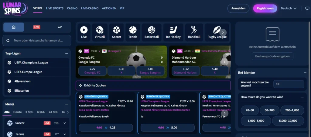 Sportwettenbereich mit Quoten und Märkten bei Lunar Spins