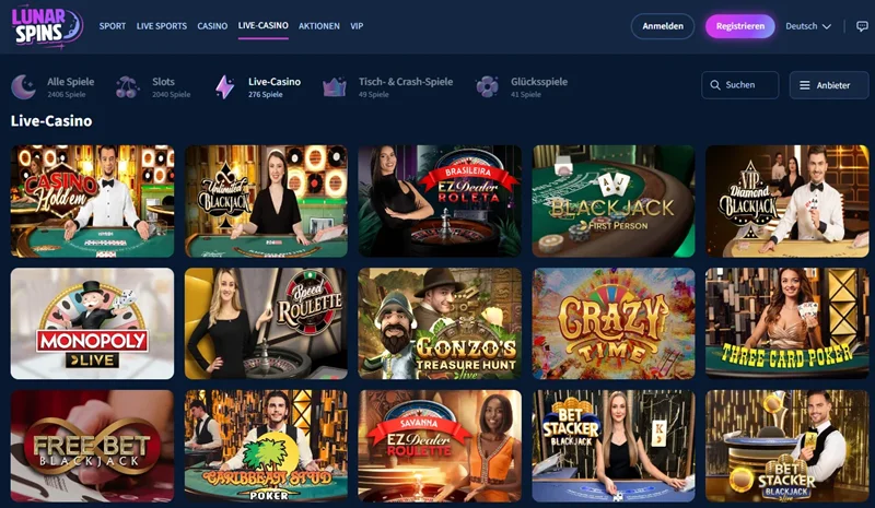 Live-Dealer-Spielekatalog bei Lunar Spins mit deutschen Dealern